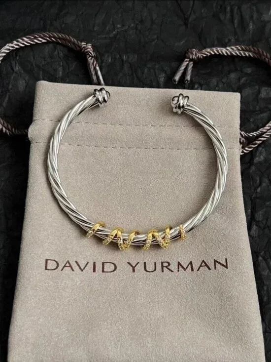 David Yurman Sterling Silver & Gold Cable Bracelet with Diamond Accents - Picture 1 of 5